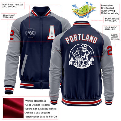 Custom Navy Gray-Red Bomber Varsity Letterman Two Tone Zipper Jacket