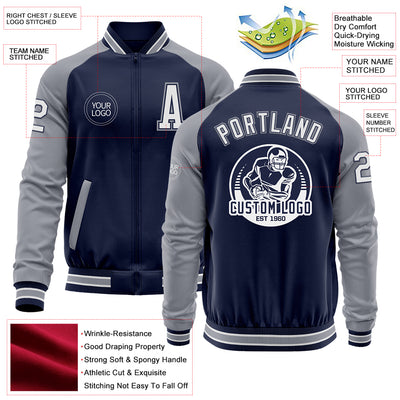 Custom Navy White-Gray Bomber Varsity Letterman Two Tone Zipper Jacket