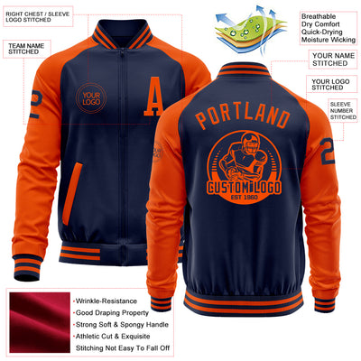 Custom Navy Orange Bomber Varsity Letterman Two Tone Zipper Jacket