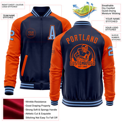 Custom Navy Orange-Light Blue Bomber Varsity Letterman Two Tone Zipper Jacket