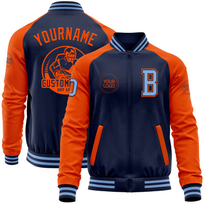 Custom Navy Orange-Light Blue Bomber Varsity Letterman Two Tone Zipper Jacket