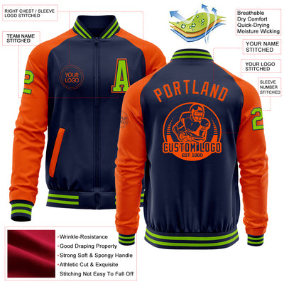 Custom Navy Orange-Neon Green Bomber Varsity Letterman Two Tone Zipper Jacket