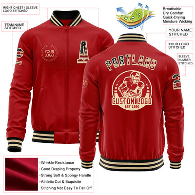 Custom Red Vintage USA Flag Cream-Black Bomber Varsity Letterman Zipper Jacket