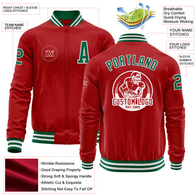 Custom Red Kelly Green-White Bomber Varsity Letterman Zipper Jacket