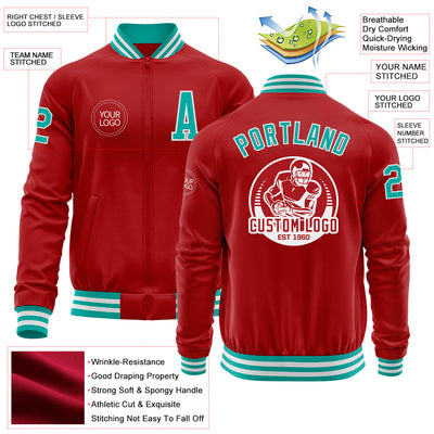 Custom Red Aqua-White Bomber Varsity Letterman Zipper Jacket