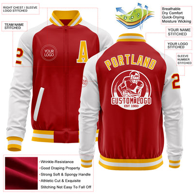 Custom Red Gold-White Bomber Varsity Letterman Two Tone Zipper Jacket