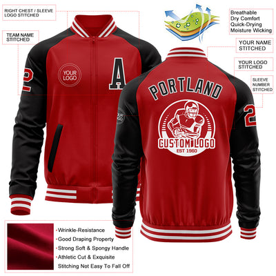 Custom Red Black-White Bomber Varsity Letterman Two Tone Zipper Jacket