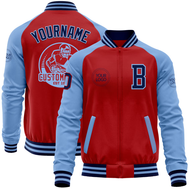 Custom Red Navy-Light Blue Bomber Varsity Letterman Two Tone Zipper Jacket