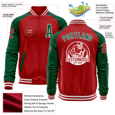 Custom Red Kelly Green-White Bomber Varsity Letterman Two Tone Zipper Jacket