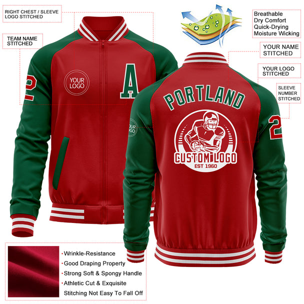 Custom Red Kelly Green-White Bomber Varsity Letterman Two Tone Zipper Jacket