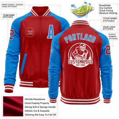 Custom Red Powder Blue-White Bomber Varsity Letterman Two Tone Zipper Jacket