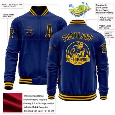 Custom Royal Black-Gold Bomber Varsity Letterman Zipper Jacket