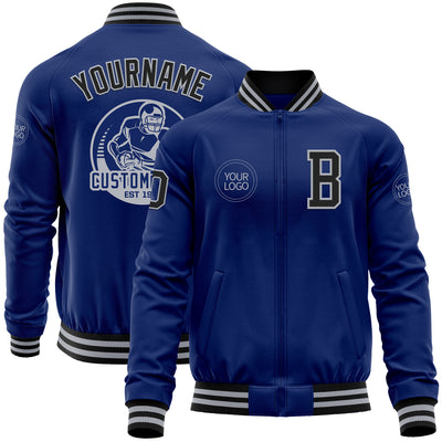 Custom Royal Black-Gray Bomber Varsity Letterman Zipper Jacket