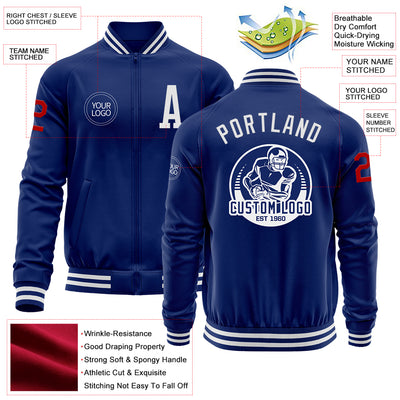 Custom Royal White-Red Bomber Varsity Letterman Zipper Jacket