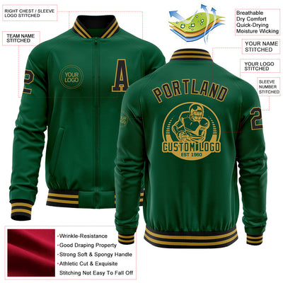 Custom Kelly Green Black-Old Gold Bomber Varsity Letterman Zipper Jacket