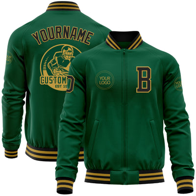 Custom Kelly Green Black-Old Gold Bomber Varsity Letterman Zipper Jacket