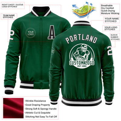 Custom Kelly Green Black-White Bomber Varsity Letterman Zipper Jacket