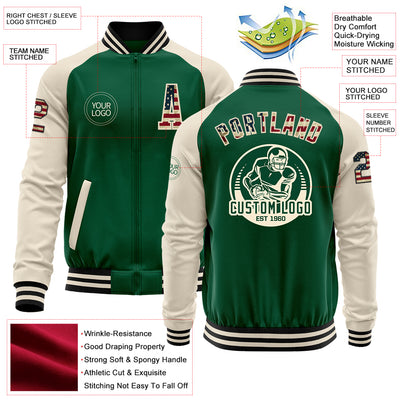 Custom Kelly Green Vintage USA Flag Cream-Black Bomber Varsity Letterman Two Tone Zipper Jacket