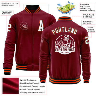 Custom Crimson Black-Orange Bomber Varsity Letterman Zipper Jacket