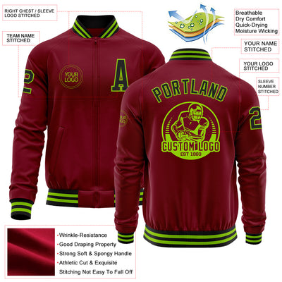 Custom Crimson Black-Neon Green Bomber Varsity Letterman Zipper Jacket