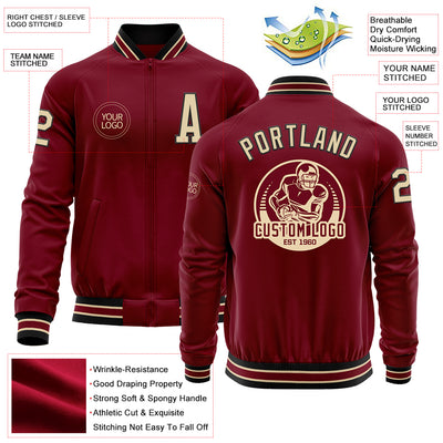 Custom Crimson City Cream-Black Bomber Varsity Letterman Zipper Jacket