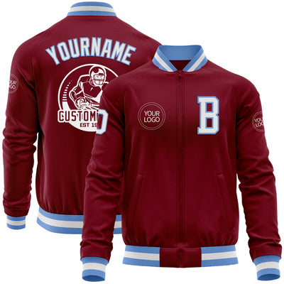 Custom Crimson White-Light Blue Bomber Varsity Letterman Zipper Jacket