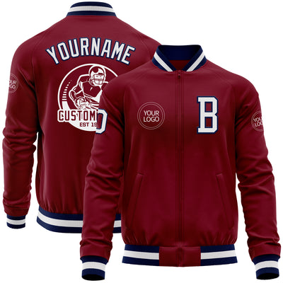 Custom Crimson White-Navy Bomber Varsity Letterman Zipper Jacket