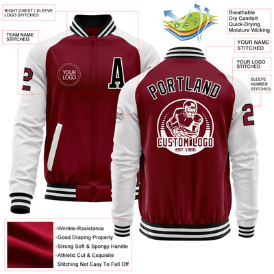 Custom Crimson Black-White Bomber Varsity Letterman Two Tone Zipper Jacket