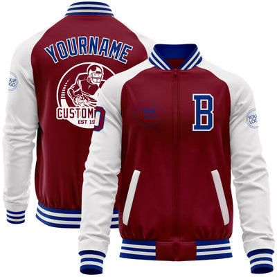 Custom Crimson Royal-White Bomber Varsity Letterman Two Tone Zipper Jacket