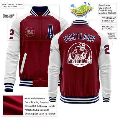 Custom Crimson Navy-White Bomber Varsity Letterman Two Tone Zipper Jacket