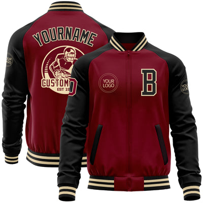 Custom Crimson Black-Cream Bomber Varsity Letterman Two Tone Zipper Jacket