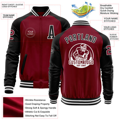 Custom Crimson Black-White Bomber Varsity Letterman Two Tone Zipper Jacket