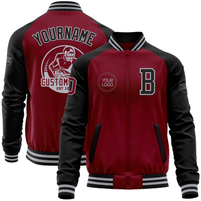 Custom Crimson Black-Gray Bomber Varsity Letterman Two Tone Zipper Jacket