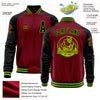 Custom Crimson Black-Neon Green Bomber Varsity Letterman Two Tone Zipper Jacket