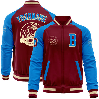 Custom Crimson Powder Blue Cream-Maroon Bomber Varsity Letterman Two Tone Zipper Jacket