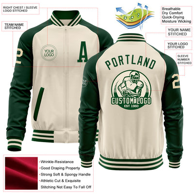 Custom Cream Green Bomber Varsity Letterman Two Tone Zipper Jacket