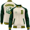 Custom Cream Gold-Green Bomber Varsity Letterman Two Tone Zipper Jacket