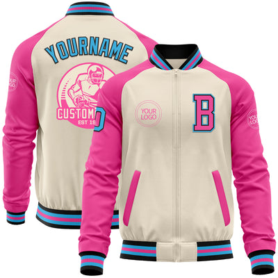 Custom Cream Sky Blue Black-Pink Bomber Varsity Letterman Two Tone Zipper Jacket