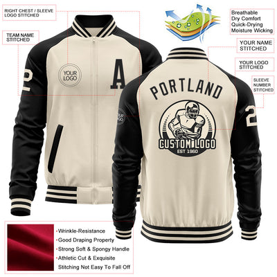 Custom Cream Black Bomber Varsity Letterman Two Tone Zipper Jacket