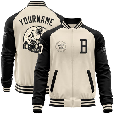 Custom Cream Black Bomber Varsity Letterman Two Tone Zipper Jacket