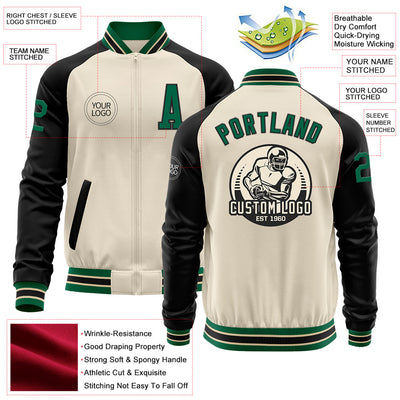 Custom Cream Kelly Green-Black Bomber Varsity Letterman Two Tone Zipper Jacket