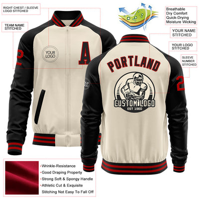 Custom Cream Red-Black Bomber Varsity Letterman Two Tone Zipper Jacket