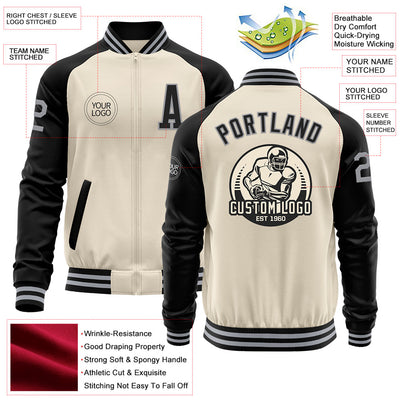 Custom Cream Gray-Black Bomber Varsity Letterman Two Tone Zipper Jacket