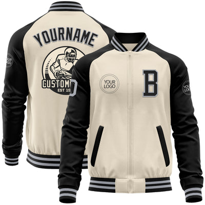 Custom Cream Gray-Black Bomber Varsity Letterman Two Tone Zipper Jacket