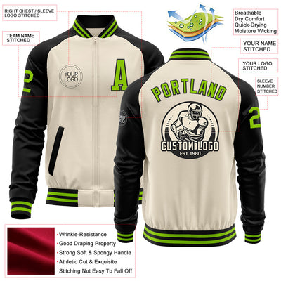 Custom Cream Neon Green-Black Bomber Varsity Letterman Two Tone Zipper Jacket