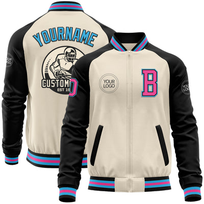 Custom Cream Pink Black-Sky Blue Bomber Varsity Letterman Two Tone Zipper Jacket