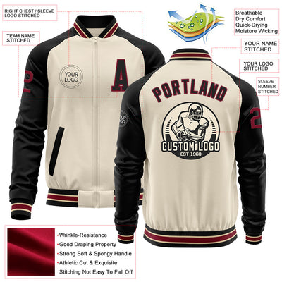 Custom Cream Crimson Black-City Cream Bomber Varsity Letterman Two Tone Zipper Jacket