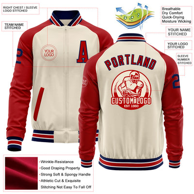 Custom Cream Navy Red-White Bomber Varsity Letterman Two Tone Zipper Jacket