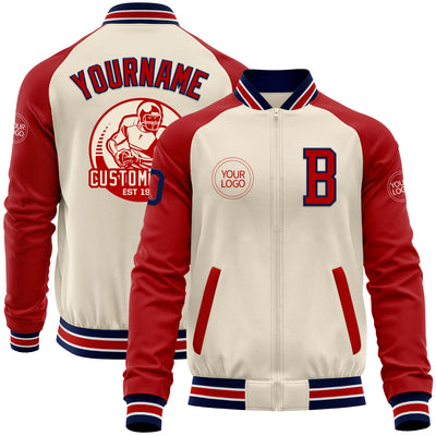 Custom Cream Navy Red-White Bomber Varsity Letterman Two Tone Zipper Jacket