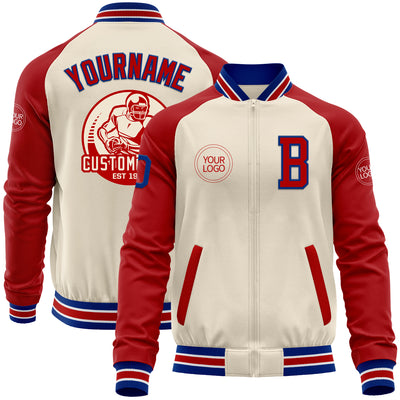 Custom Cream Royal Red-White Bomber Varsity Letterman Two Tone Zipper Jacket